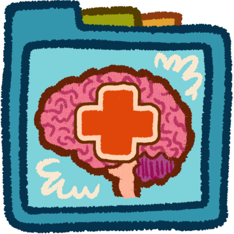 a red cross over a brain inside a teal folder that has green and orange folder tabs behind it.